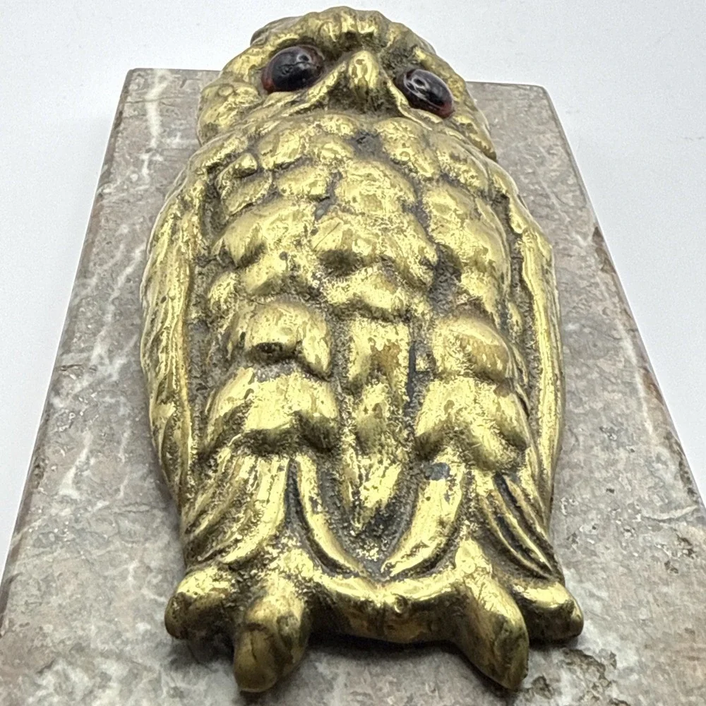 Antique OWL Figural Brass & Marble Desktop Paper Holder Paperclip Vintage Unique